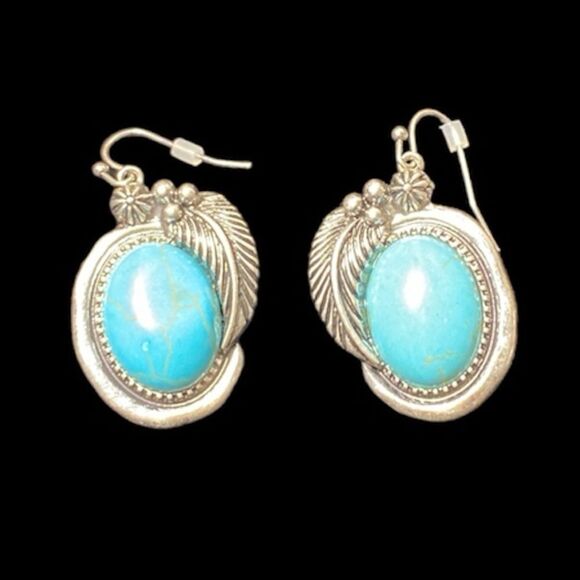 Turquoise and Silver Feather Framed Statement Earrings - Picture 2 of 6